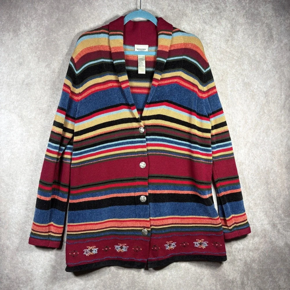 Vintage Monterey By Koret Cardigan Sweater Women M Multicolor Striped Knit Shawl